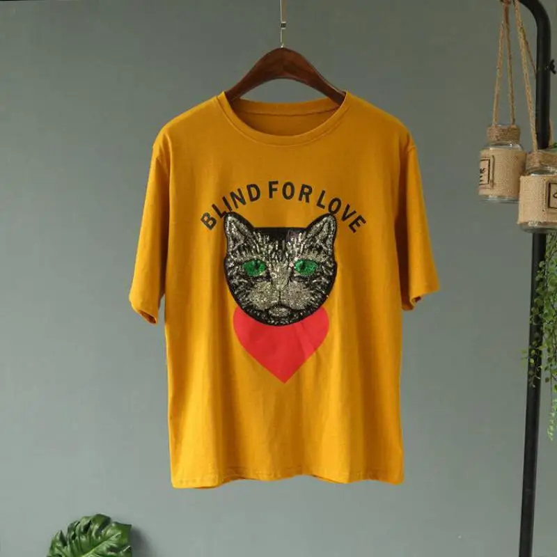Красный любовь плюс кошка Короткие Футболка с рукавами 2018 новые женские летние