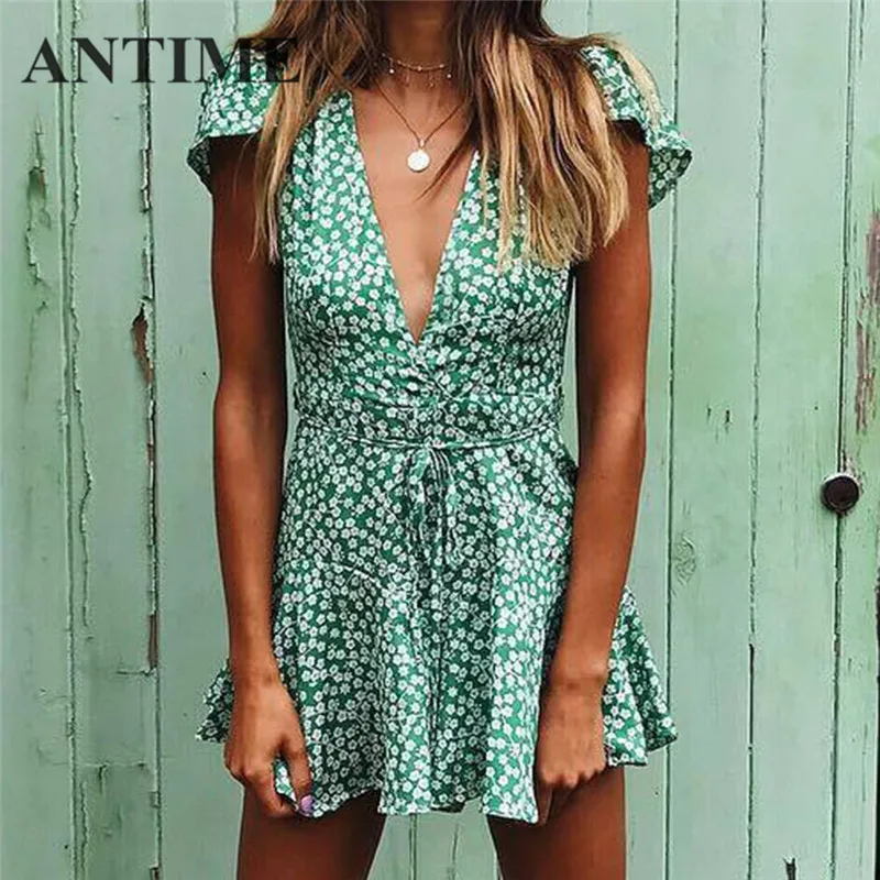 

ANTIME Green Floral Dresses Flowers Short Sleeve A Line with Sash Casual Women Deep V Neck Sexy Spring Summer Mini New Dress