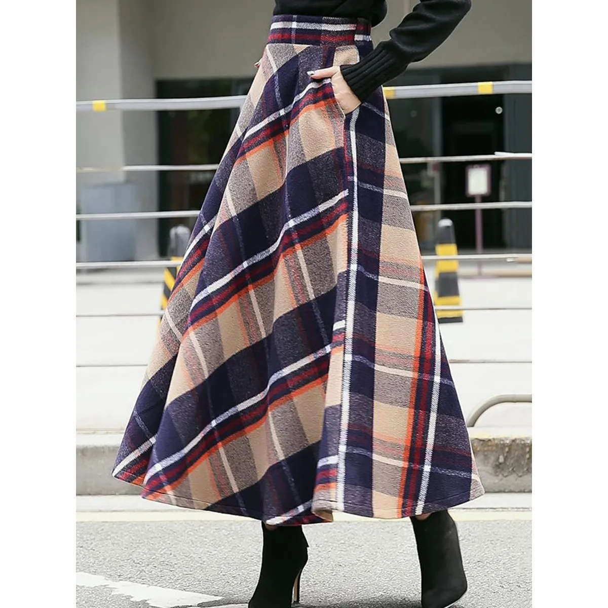 Vintage Women Skirts Winter Wool Blends Loose Elegant Blue High Waist