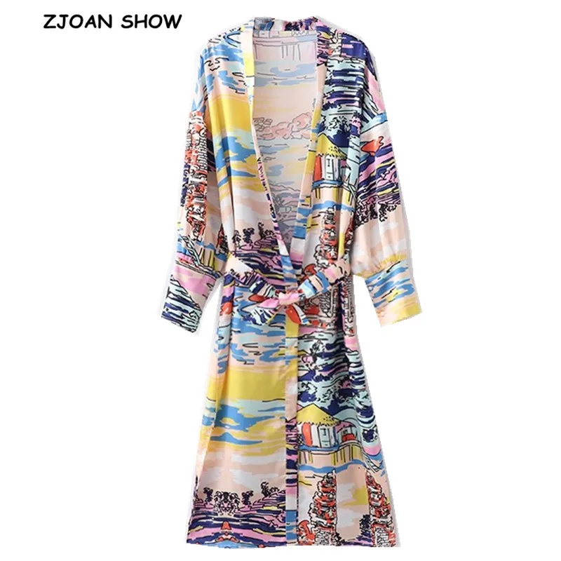 

2019 Bohemian V neck Landscape painting Print With sashes Kimono Shirt Beach New Bandage Satin Split Long Cardigan Blouse Tops