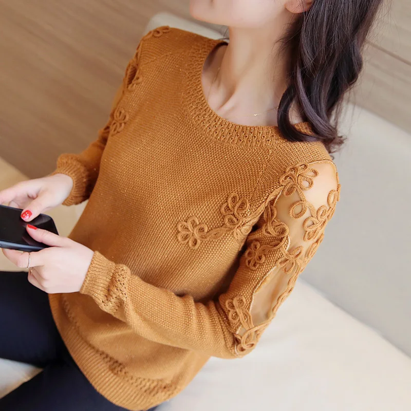 

Spring 2018 New Women's Ice Silk Knitted SweaterLong-sleeved Korean Version Loose Short Paragraph Lace Bottom Sweaters Sexty