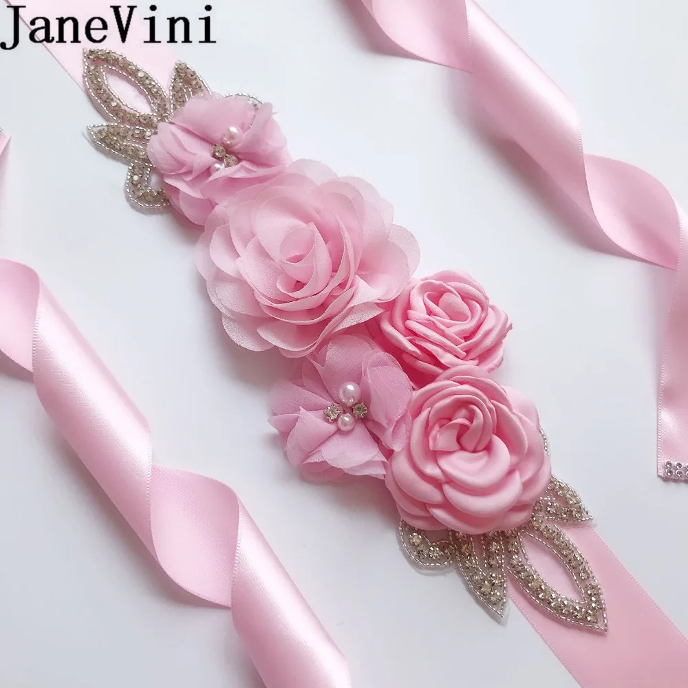 

JaneVini Pink Rhinestone Sash Belt Bridesmaid Bridal Wedding Belts Sashes Flower Bead Pearls Belts for Women Satin Ribbon Sash