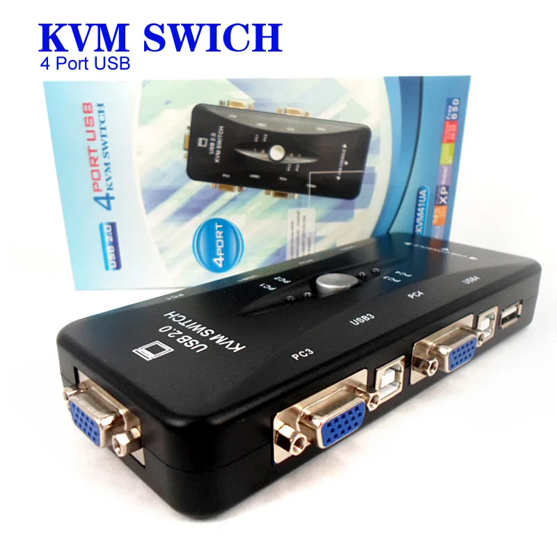 Black 4 Port USB 2.0 KVM Switch Box Adapter Connects Printer Use 1 Set keyboard Mouse Control 4 Computers - AliExpress