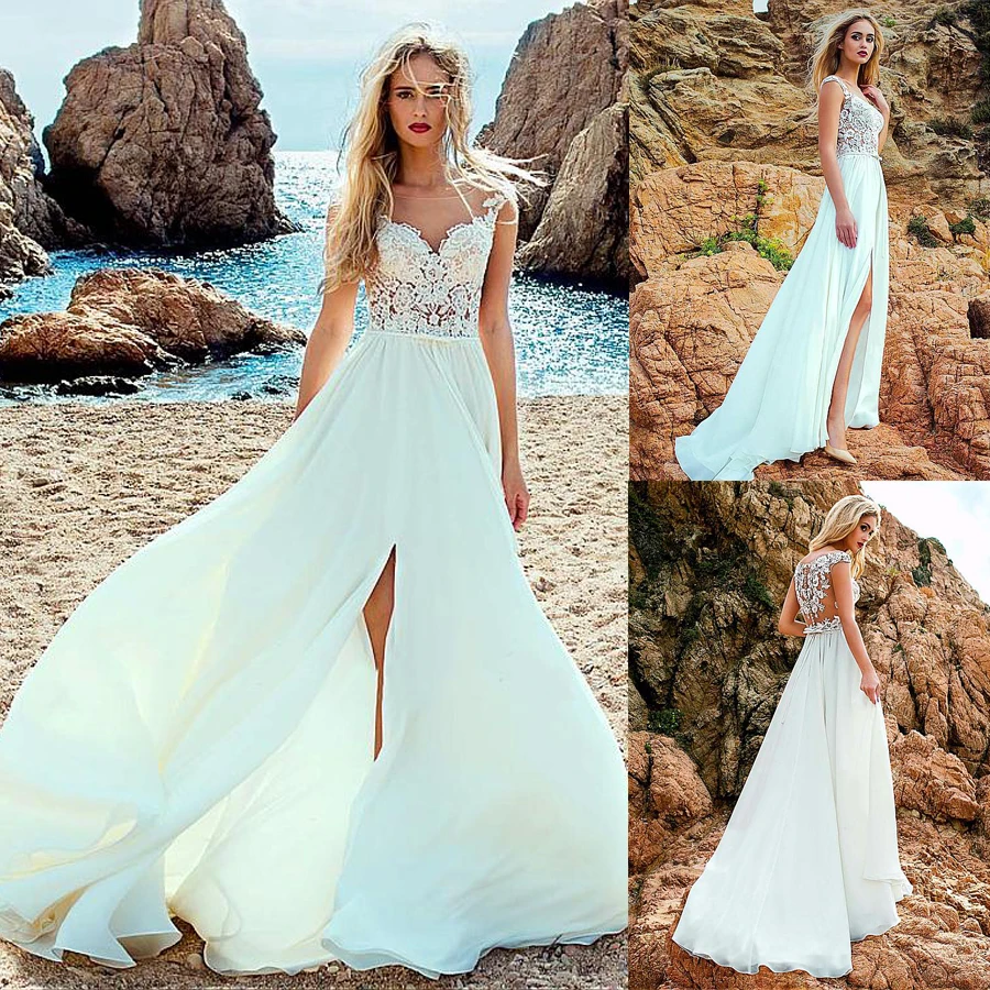 

Modest Chiffon Scoop Neckline See-through A-line Wedding Dress With Lace Appliques & Bowknot Front Slit Bridal Dresses