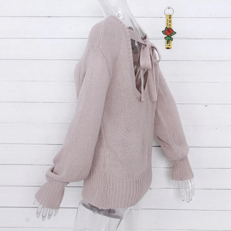 Lyprerazy, женские свитера с круглым вырезом и открытой спиной, с длинным рукавом, с перекрестными завязками, сексуальные вязаные топы, короткие вязаные пуловеры, джемперы