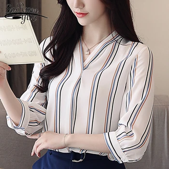 

fashion V collar striped office lady blouse chiffon women blouse shirt spring 2019 women shirts womens tops and blouses 1770 50