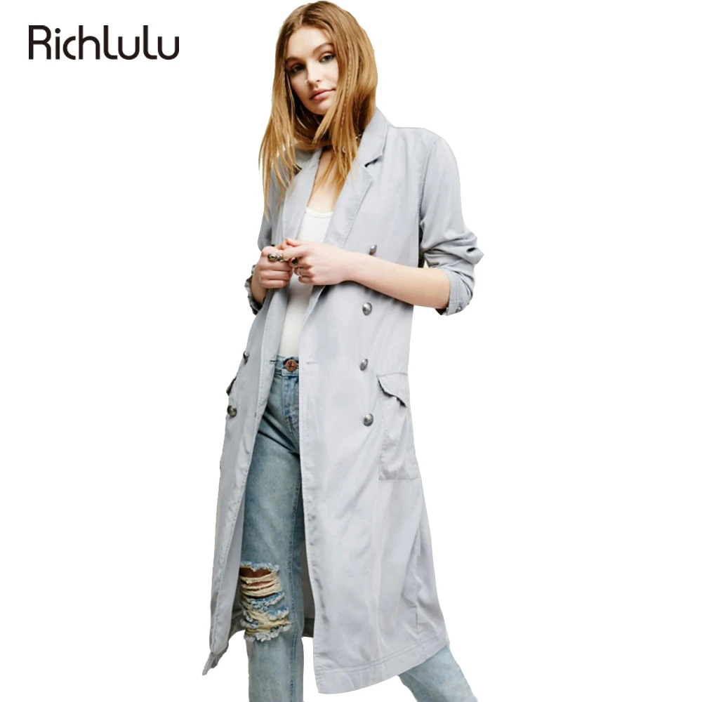 RichLuLu Autumn Women Fashion Trench Coat Gray Casual Double Breasted