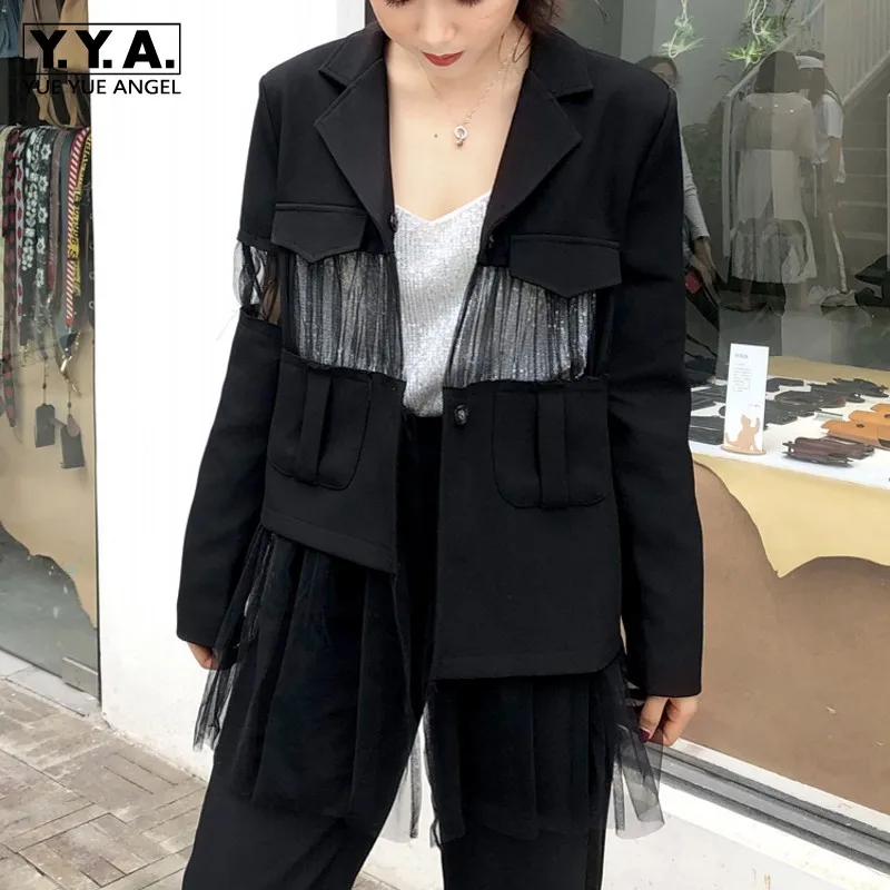 Spring New Brand Mesh Patchwork See Through Chic Womens Blazer Jackets Long Sleeve Asymmetrical Fake Pockets Female Outerwear