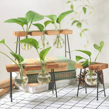 

Creative Glass Bottle Vase Hydroponic Plant Transparent Flower Pots Wooden Frame Coffee Shop Room Decor Table Desk Decoration