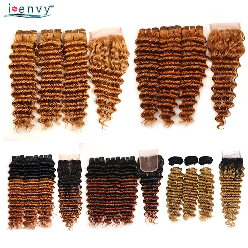 

Blonde Deep Wave Bundles With Closure Brazilian Human Hair Weave Ombre Brown Blonde Bundles With Closure Colored Hair Non Remy