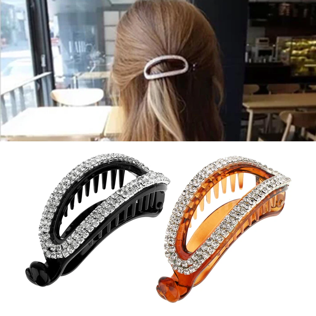 2pcs Women Lady Hollow Rhinestone Hair Banana Clip Ponytail Holder Clamp Crystal Hair Accessories Black Brown