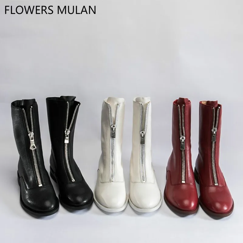 

European Style British Black White Red Leather Martin Boots For Girl Round Toe Front Zippers Middle Chunky Heel Shoes Winter