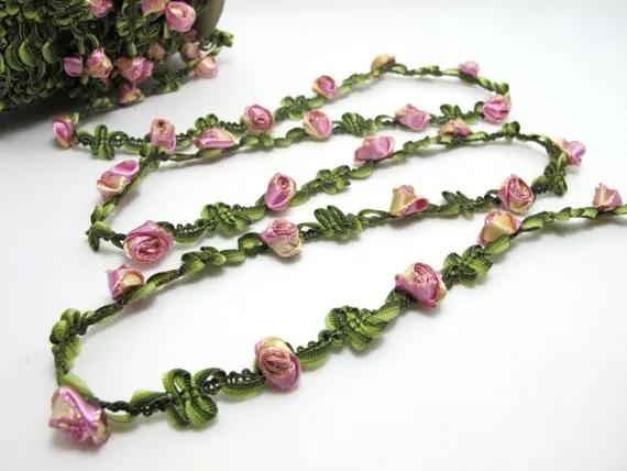 2 ярда тканая лента Rococo с яркими розовыми бутонами цветов | Декоративная