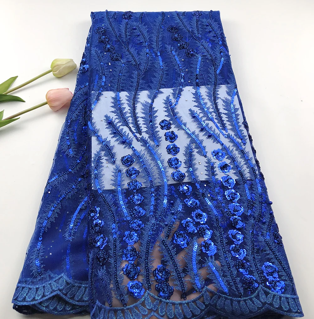 

2019 Royal blue African Lace Fabric Embroidery Sequins Organza Lace Fabric High Quality African French Lace Fabric For Wedding