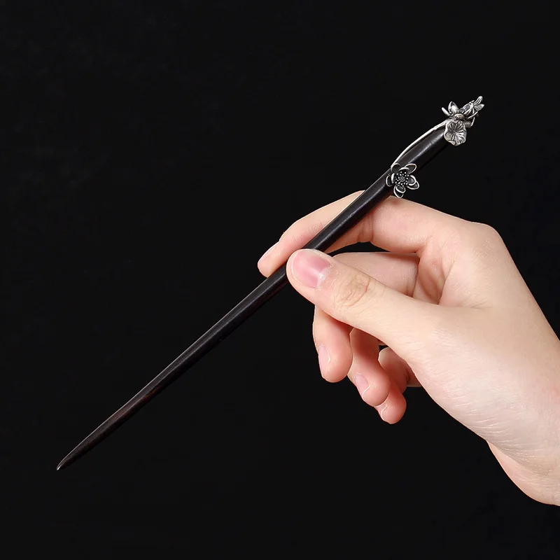 Серебряный 3d Лотос Ebony Hairstick винтажная китайская шпилька цветок Деревянная вилка для волос женские аксессуары для волос шпилька 18 см WIGO1285