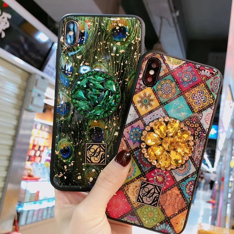 

Luxury Peacock Feathers Square Epoxy Glitter Sequins Extension Bracket cover case for iphone MAX XS XR 6 7 8 plus X phone cases