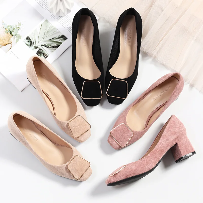 

High Heels Shoes Woman 2019 Slip On Square Heels Pump Shoes Women Casual Sandals Flock Solid High Heels Female Ladies Dress Shoe