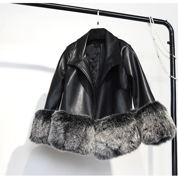 2018 Manteau Patchwork Nouvelle Femelle De Fourrure Pu Veste Courte Noir Longues Cuir Manches En Ardoisé Mode Fausse À FwFXdxqar