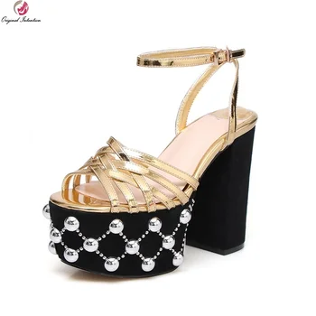 

Original Intention Fashion Women Sandals Open Toe Platform Rivtes Square Heels Sandals Beautiful Gold Silver Shoes Woman
