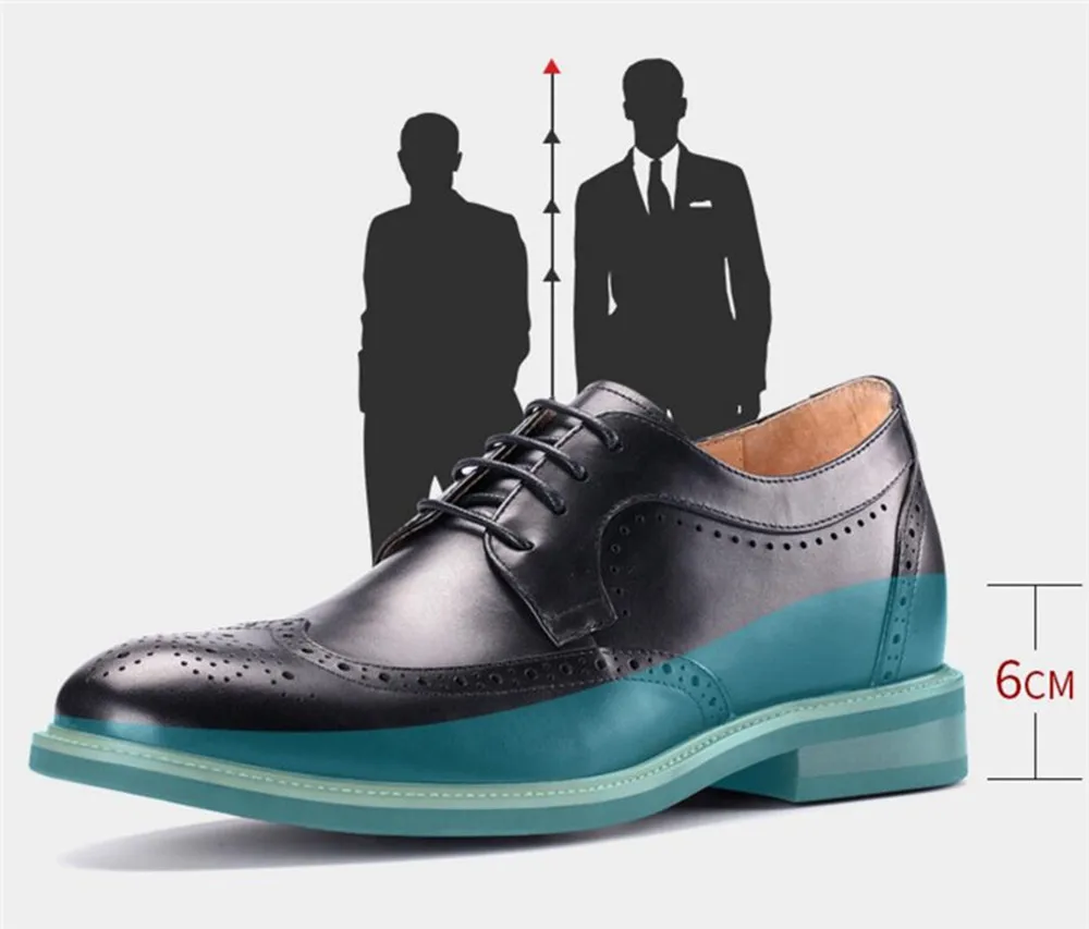 Для мужчин лифт обувь Италия ремесло броги черной икры Кожаные модельные туфли Чистка Невидимый Taller 6 см увеличивающие рост Функция обувь