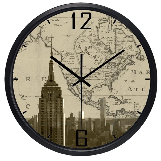 Часы с мировым часовым поясом, Брендовые Часы для отеля, лобби, мировые места, представляющие интерес, старые бумажные часы-карта, ультра тихие кварцевые часы с высоким гр - Цвет: Empire State Buildin