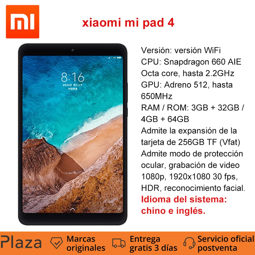 Планшет Xiaomi Mi Pad 4 8 дюймов mipad Восьмиядерный процессор Snapdragon 660 32 ГБ/64 ГБ 1920x1200 FHD 13.0MP