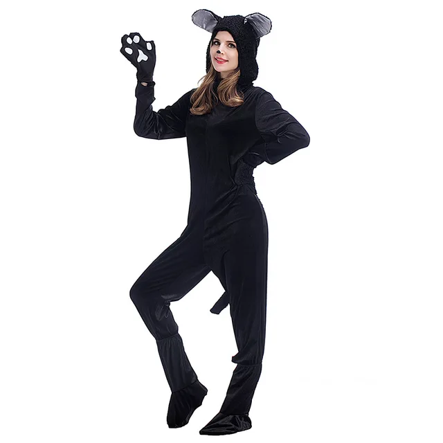 aletterhin couples cat suit halloween costumes adult women men black cat jumpsuit animal bear cosplay catsuit