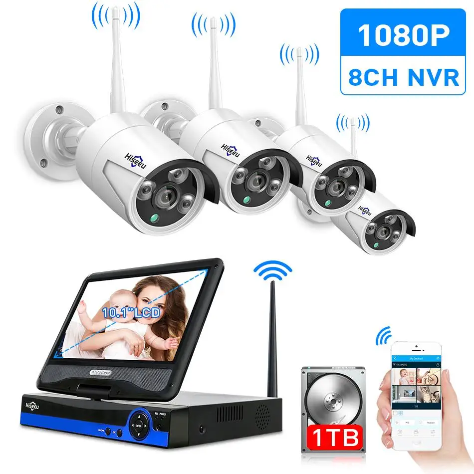 Hiseeu 10Inch Displayer 4pcs 960P 1080P Wireless CCTV IP Camera System 8CH NVR wifi video surveillance home Security System Kit