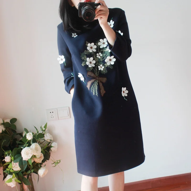 

4xl plus big size women clothing 2017 spring autumn winter korean vestidos cute sweet flower gray navy dress female A2386