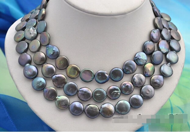 

fast50"14mm coin black freshwater pearl necklace AAA