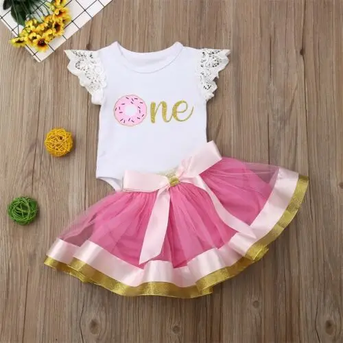  2PCS Infant Toddler Baby Girls Outfits Clothes Romper Tops+Tutu Dress Skirts Set