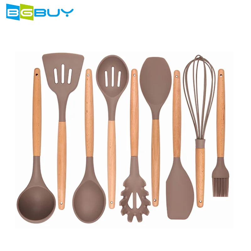 

9 Piece Silicone Cooking Utensil Set with Natural Wood Handle Nonstick Cooking Baking Tools with Spoon/Spatula/Shovel/Egg Beater