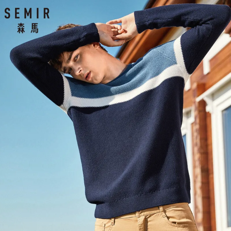 SEMIR Men Rib Knit Color Block Sweater Men's Pullover Sweater with Ribbed Crewneck Cuff and Hem Casual Style for Spring Autumn