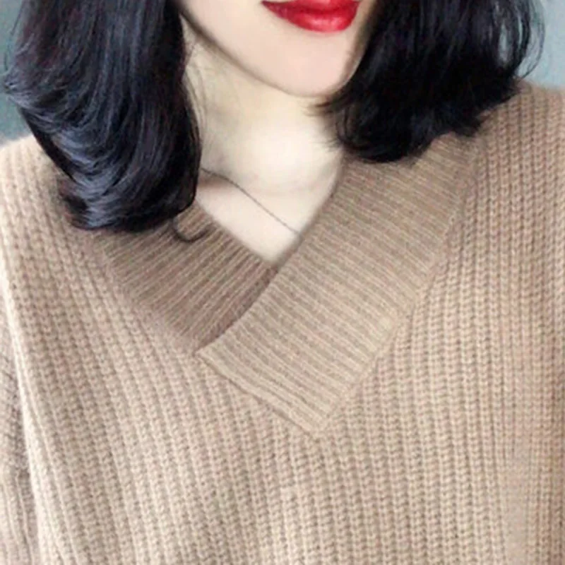 Winter Cashmere V-neck Pullovers Women Sweaters Mohair Knited Warm Thick Loose Lantern Sleeve Fashion Ribbed Tops jersey mujer Winter Cashmere V-neck Pullovers Women Sweaters Mohair Knited Warm Thick Loose Lantern Sleeve Fashion Ribbed Tops jersey mujer