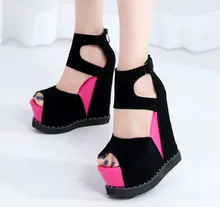 2016 new fashion spell color suede buckle sandals hollow 14cm high with slope with thick crust fish head women sandals