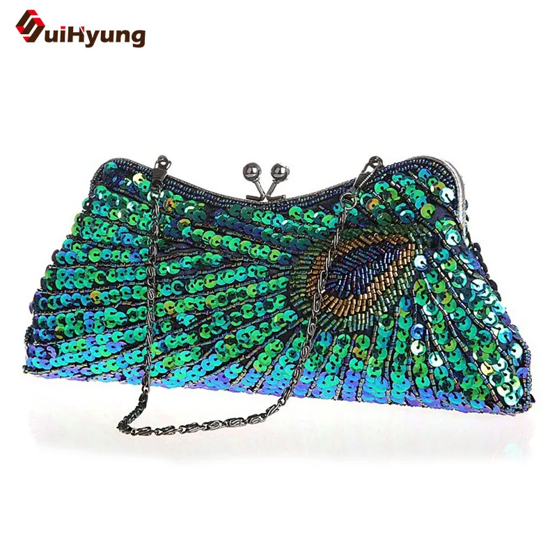 New Fashion Wedding Party Handbag Purse Vintage Beaded Peacock Pattern Day Clutch Lady Evening Bag With
