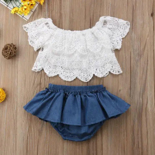 Newborn Baby Girls Off Shoulder Clothes Floral Tops+Denim Dress Pants Outfits