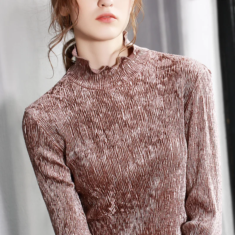 Women Velour T Shirt 2018 Spring New Hot Fashion Female Velvet Ruffles Turtleneck Long Sleeve Slim Elegant Tops T-shirts Women Velour T Shirt 2018 Spring New Hot Fashion Female Velvet Ruffles Turtleneck Long Sleeve Slim Elegant Tops T-shirts