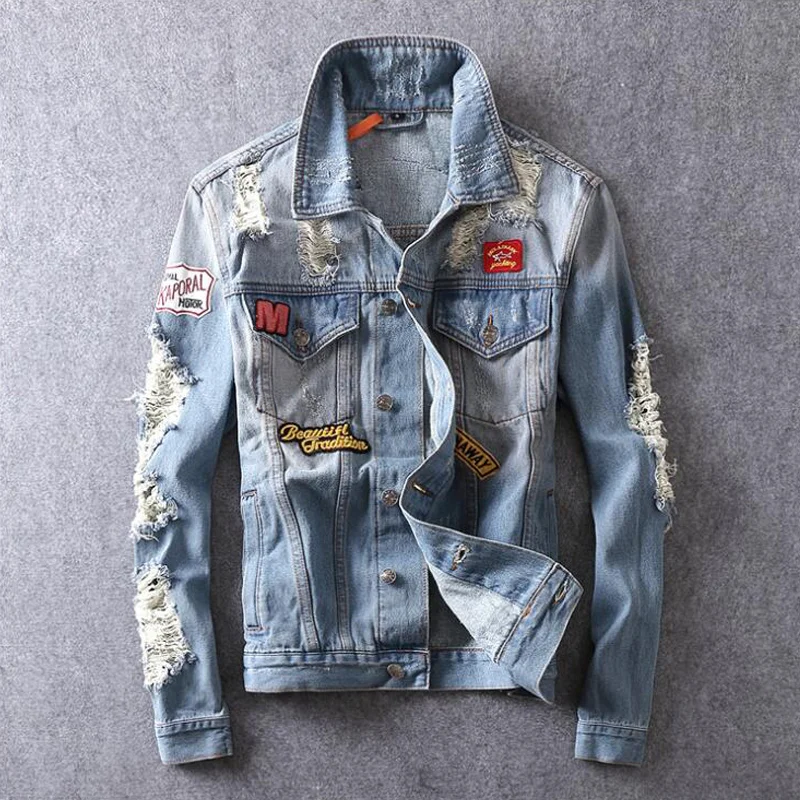 

2018 Autumn Winter Jacket Men Blue Color Retro Washed Patches Decoration Hip Hop Denim Jacket For Men Destroyed Ripped Coats