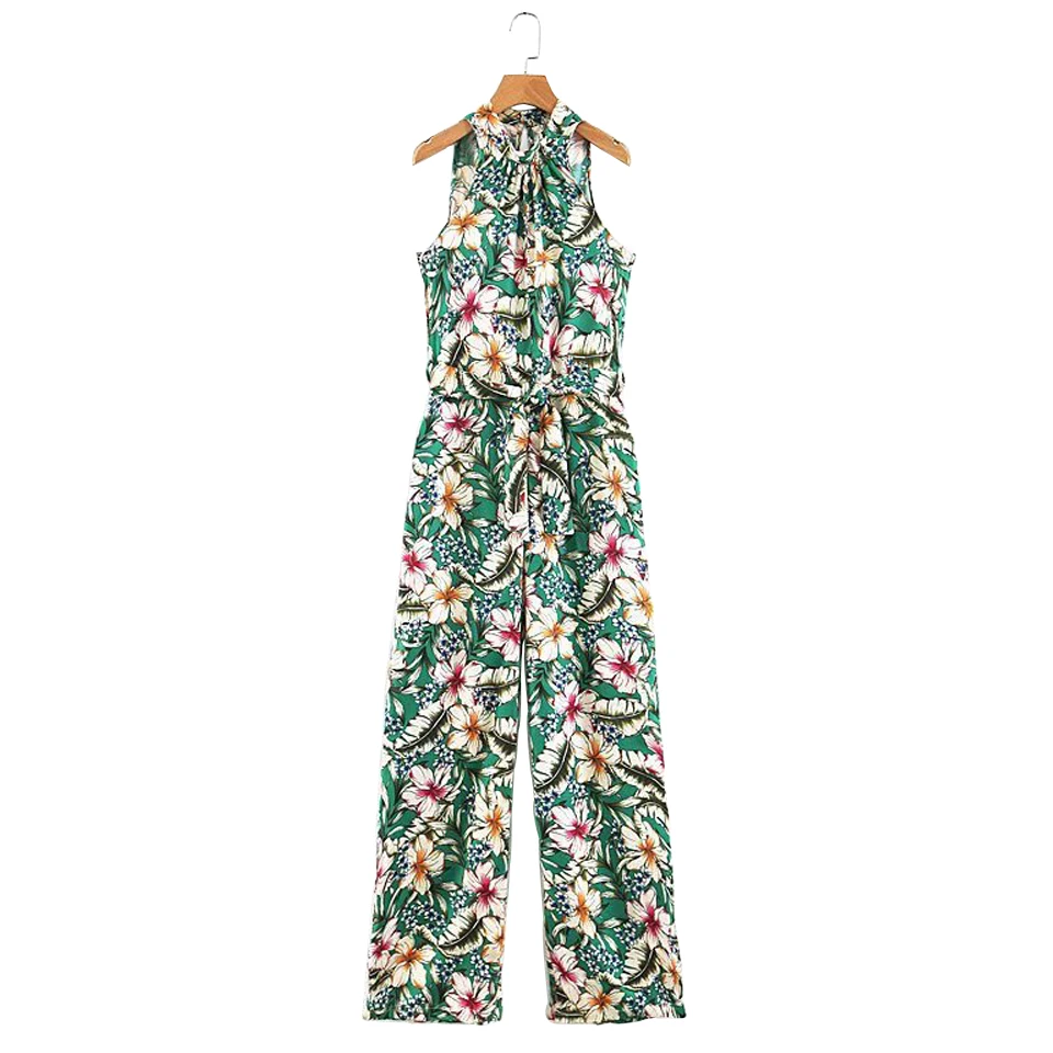 

Bohemian Women Summer 2019 Jumpsuits Rompers Sleeveless Print Floral Sashes Bow Tie Female Fashion jumpsuit bodysuit Overalls