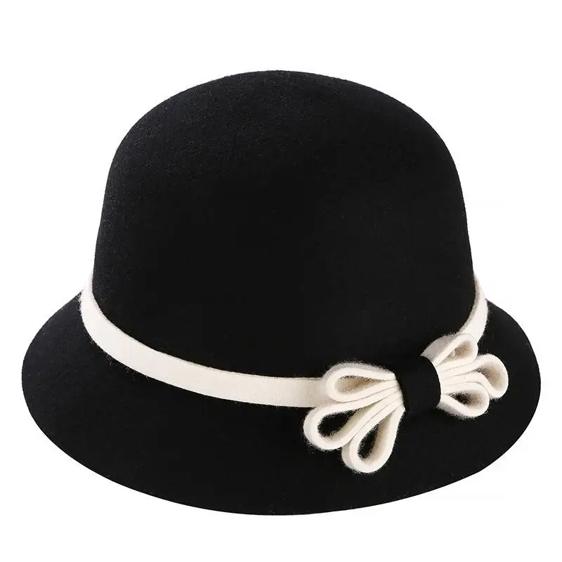 

100% Wool Fedora Felt Hats For Women Solid Color Big Bow Kentucky Derby Hat Top Quality Chapeau Femme Vintage Winter Ladies