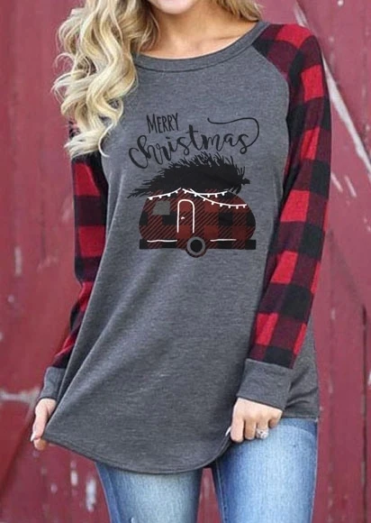 2018 Autumn Women Full Long Sleeve T-Shirt Merry Christmas Plaid Print Splicing Baseball Female T-Shirt Casual Ladies Tops Tee
