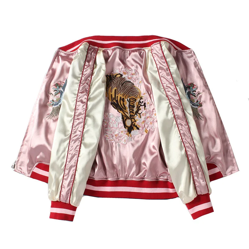 Pink Embroidered Baseball Jacket Women and Men Double sided Wear 2019