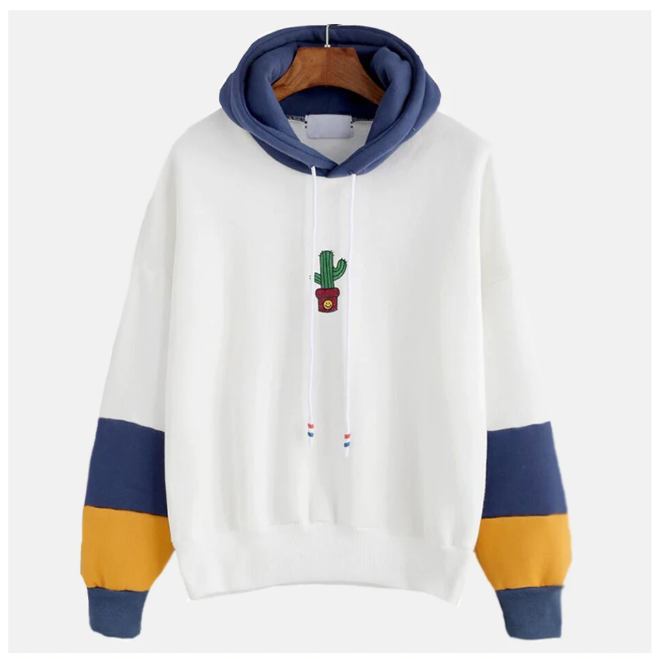 

New Autumn Women Sweatshirt Cactus Hoodie Poleron Mujer 2019 Color Block Hoodie Pullover White Cute Oversized Blue Red Hoodie