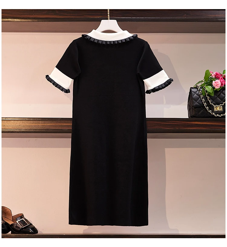 Trytree Autumn Winter Women Dress Casual Peter pan Collar Bow Embroidery Pocket Shirt Dresses Knitting Black Straight Mini Dress