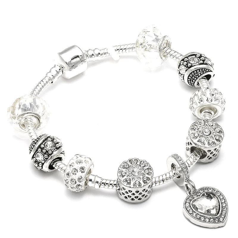 Hot Sale Heart Crystal Charm Bracelets For Women Fit Silver Chain