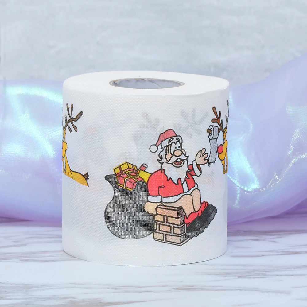 

1Roll Santa Claus and Deer Merry Christmas Printed Toilet Paper Home Bath Living Room Toilet Paper Tissue Roll Xmas Decor