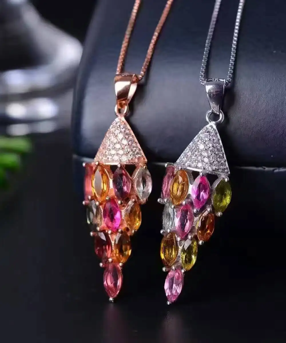 Натуральные разноцветные турмалины кулон S925 Серебряный натуральный драгоценный камень кулон Цепочки и ожерелья модный тонкий шило вокруг шеи отличное Женское Ожерелье Свадебные украшения