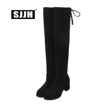 

SJJH Women Faux Suede Riding Boots with Round Toe Chunky Slip-on Plush Over-the-Knee Boots Fashion Formal Shoes Large Size A962