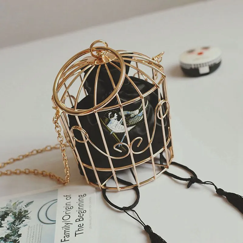 Личность клетка для птиц Для женщин сумки из натуральной кожи сумка-тоут в форме металлической птичьей клетки для девочек топ-ручка сумки, кошелек модные Праздничная сумка с кисточками Клатч черный